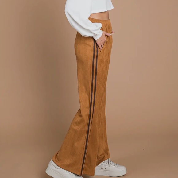 ShopEvelynne - Tan Wide Leg Pants faux suede with pinstripes on side - Picture 1 of 2